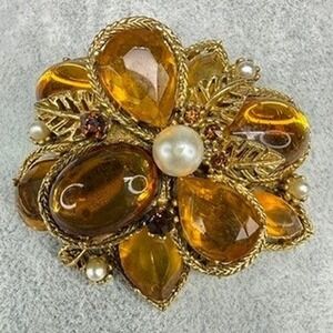 Vintage ART Arthur Pepper Floral Brooch Orange Glass and Faux Pearl Fall Colors